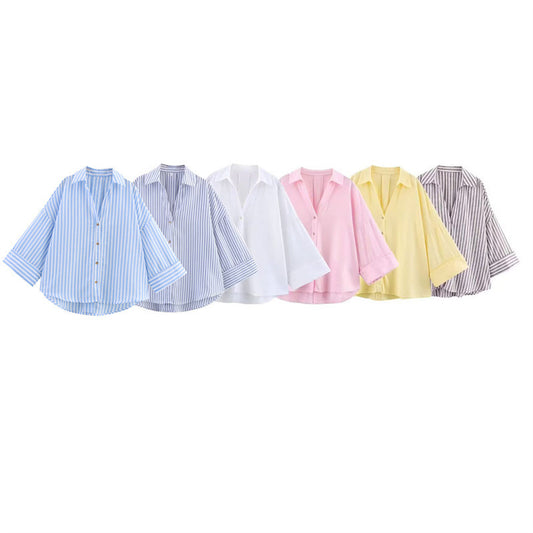 Women's Striped Lapel Shirt - Casual Wide Sleeve Blouse for All-Matching Outfits