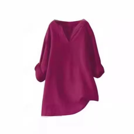 Loose Plus-sized Comfortable Solid Color Pullover Cotton And Linen Top For Women