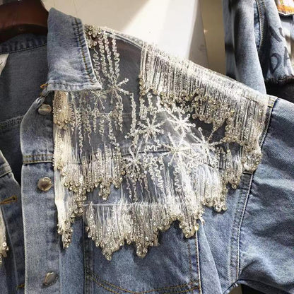 Women's Loose Denim Jacket with Beaded Diamond Splice – Stylish Grenadine Mesh Patchwork Jean Coat