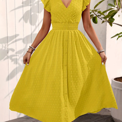 Women's Elegant V-Neck Maxi Dress – Summer Short Sleeve Dress with Ruffled Sleeves