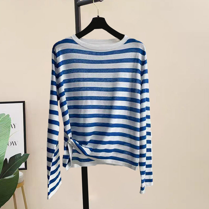 Women's Minimalist Striped Breathable Round Neck Long Sleeved Shirt