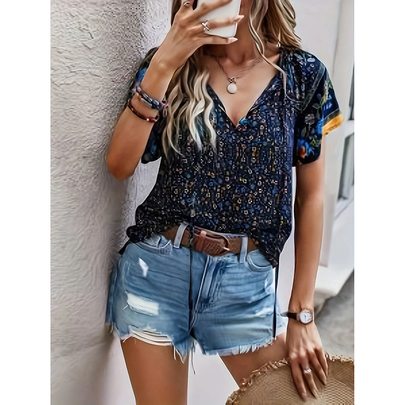 Women's Casual Short Sleeve Shirts Summer Boho Printed V Neck Drawstring Tunic Blouses