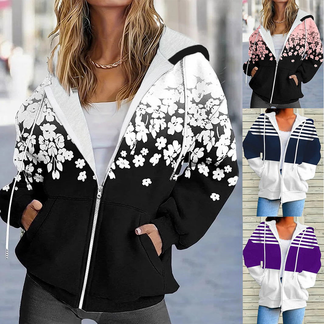 Women's Striped Floral Print Loose Long Sleeve Top with Pockets – Casual Tunic Shirt