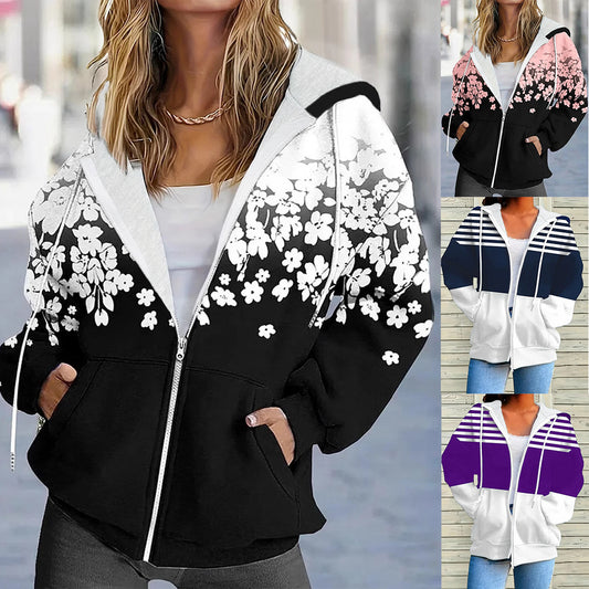 Women's Striped Floral Print Loose Long Sleeve Top with Pockets – Casual Tunic Shirt