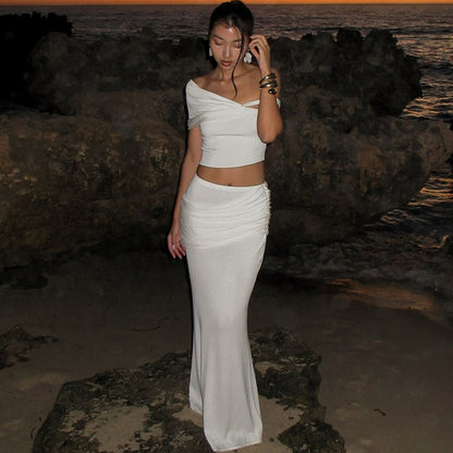 Women's Solid Color Slim-Fit One-Shoulder Long Dress Suit – Elegant Asymmetrical Evening Wear