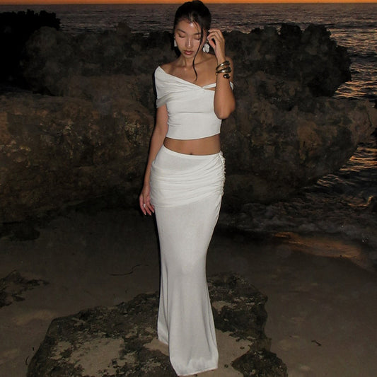 Women's Solid Color Slim-Fit One-Shoulder Long Dress Suit – Elegant Asymmetrical Evening Wear