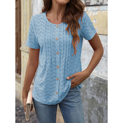Women's Summer Pleated Button Short Sleeve T-Shirt Summer Crew Neck Solid Color Casual Top