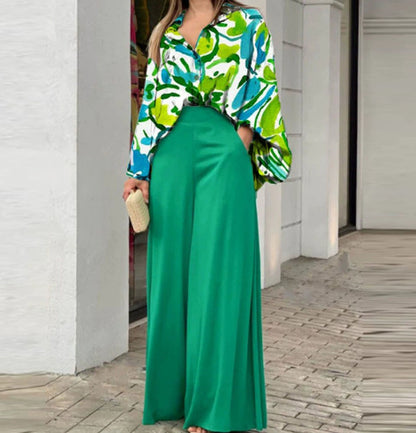 Women's Casual Printed Shirt & Wide Leg Pants Set – Loose Fit Elegant 2-Piece Fashion Outfit