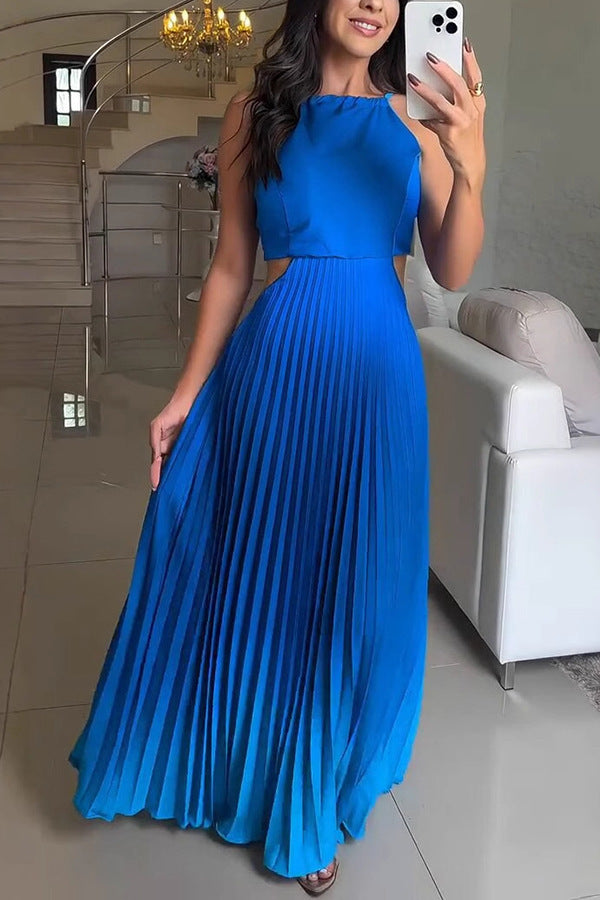 Women's Sleeveless Gradient Color Dress – European & American Style Backless Pleated Summer Maxi Dress