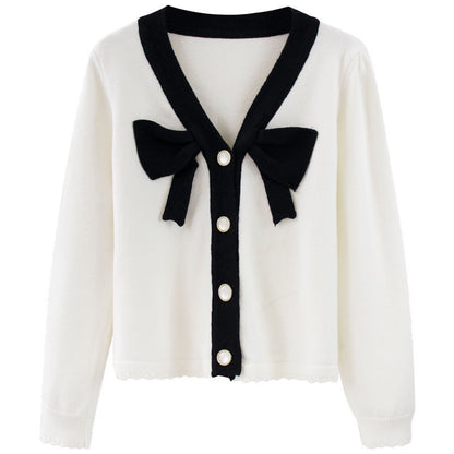 Women's Loose Contrast Color Bow Knit Cardigan Sweater – Single-Breasted Button Down