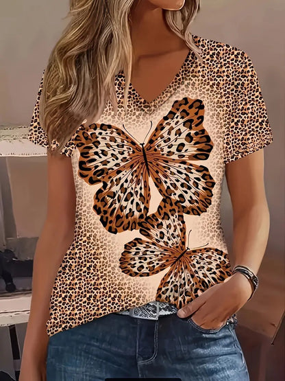 Women's V-Neck Short Sleeve T-Shirt – Comfortable Fashion Tee with Animal & Plant Print