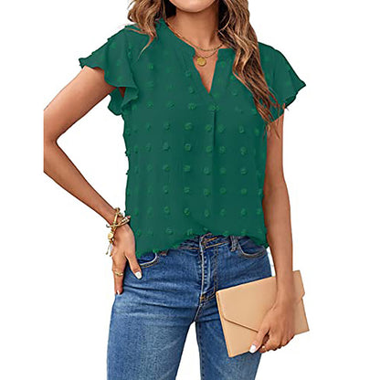 Women's Summer V-Neck Ruffle Short Sleeve Blouse – Business & Casual Office Top