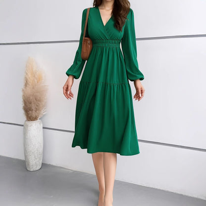 Women's V-Neck Long Sleeve Waist Dress – Solid Color Elegant Midi Dress