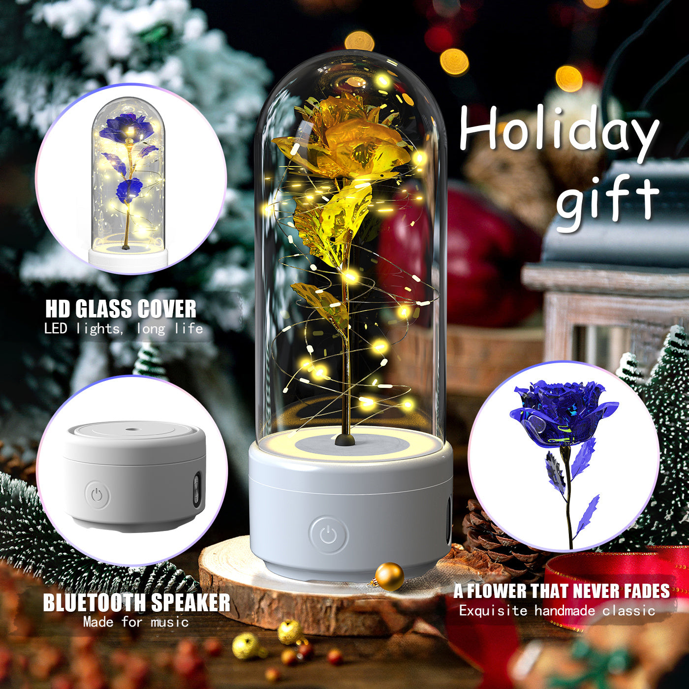 2-in-1 Rose LED Light & Bluetooth Speaker – Romantic Gift in Glass Dome
