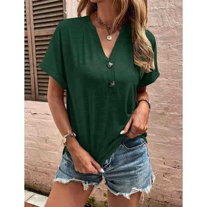 Women's Summer Short Sleeve Button-Down Shirt - V-Neck Business Casual Tunic Top