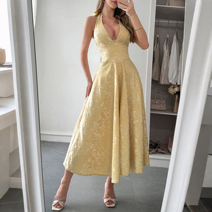 Women's Elegant Halter Evening Dress – Waist-Defined Formal Gown (European & American Style)