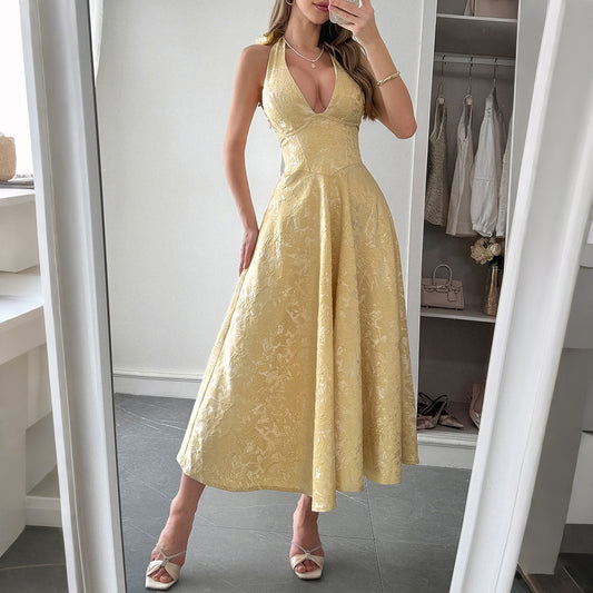 Women's Elegant Halter Evening Dress – Waist-Defined Formal Gown (European & American Style)