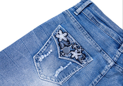 Women's Mid-High Rise Ripped Denim Shorts – Distressed Stretchy Jean Shorts for Summer