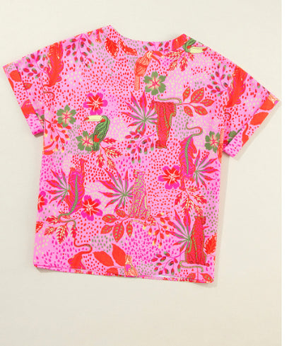 Rose Jungle Floral Print Notch V Neck Blouse
