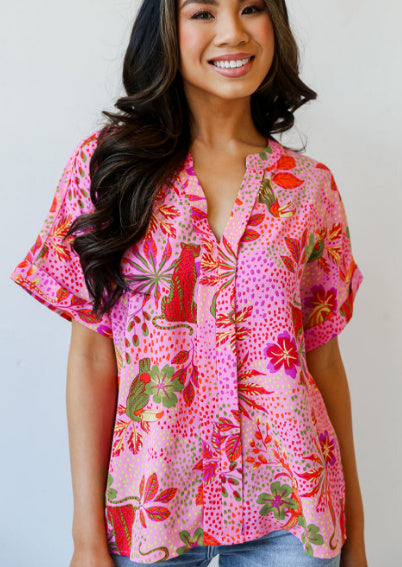 Rose Jungle Floral Print Notch V Neck Blouse