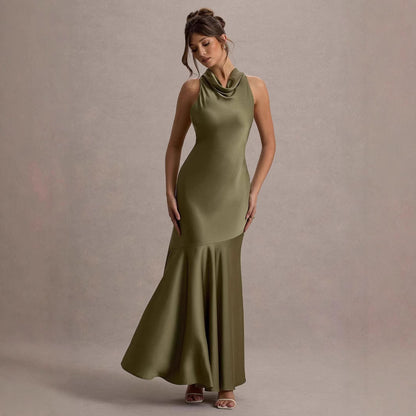 Women's French Style Fishtail Dress - Elegant Banquet Gown with Shoulder Detail