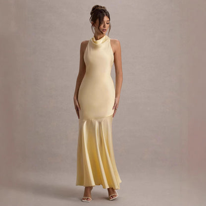 Women's French Style Fishtail Dress - Elegant Banquet Gown with Shoulder Detail