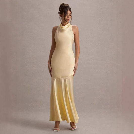 Women's French Style Fishtail Dress - Elegant Banquet Gown with Shoulder Detail