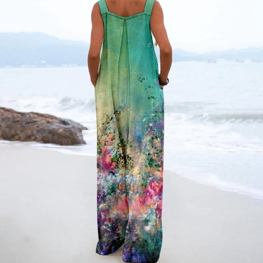 Women's Vintage Sleeveless Print Jumpsuit – Loose Fit Summer Romper, European & American Style