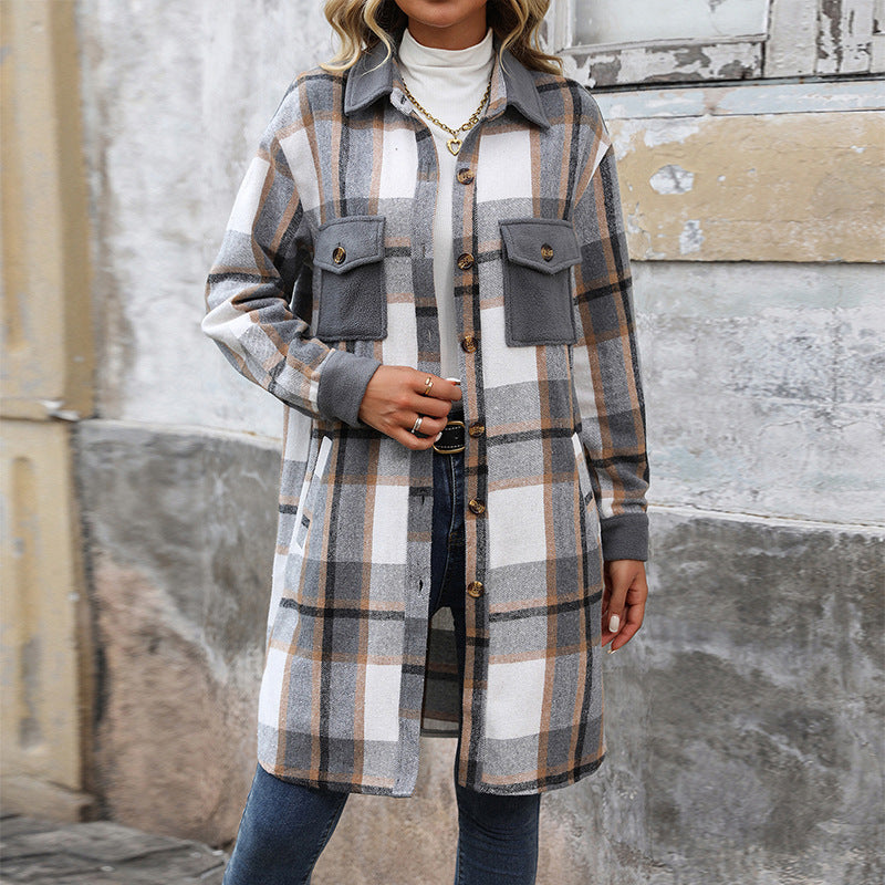 New Brushed Plaid Long Coat with Pockets – Cozy Elegance for Winter Days