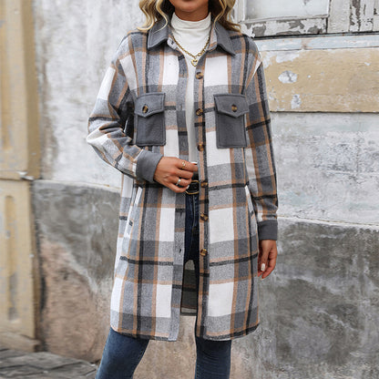 New Brushed Plaid Long Coat with Pockets – Cozy Elegance for Winter Days
