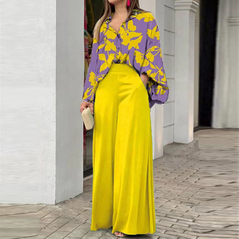 Women's Casual Printed Shirt & Wide Leg Pants Set – Loose Fit Elegant 2-Piece Fashion Outfit