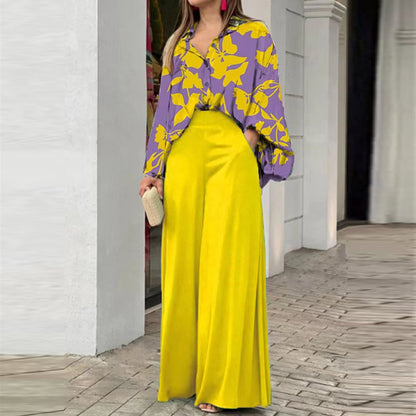 Women's Casual Printed Shirt & Wide Leg Pants Set – Loose Fit Elegant 2-Piece Fashion Outfit
