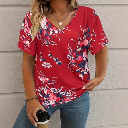 Women's V-Neck Short Sleeve T-Shirt – Comfortable Fashion Tee with Animal & Plant Print