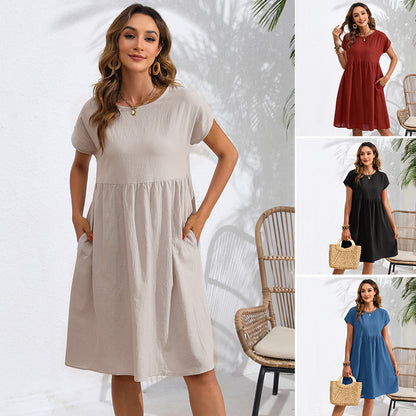 OL Temperament Cotton Linen Round-neck A-line Skirt Pocket Dress
