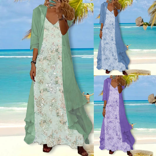 Holiday Floral Print Dress Chiffon Cardigan Two-piece Set