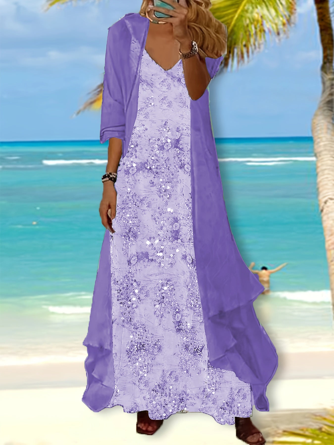 Holiday Floral Print Dress Chiffon Cardigan Two-piece Set