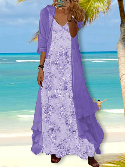 Holiday Floral Print Dress Chiffon Cardigan Two-piece Set