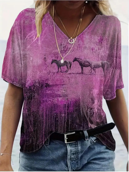 Women's V-Neck Short Sleeve T-Shirt – Comfortable Fashion Tee with Animal & Plant Print