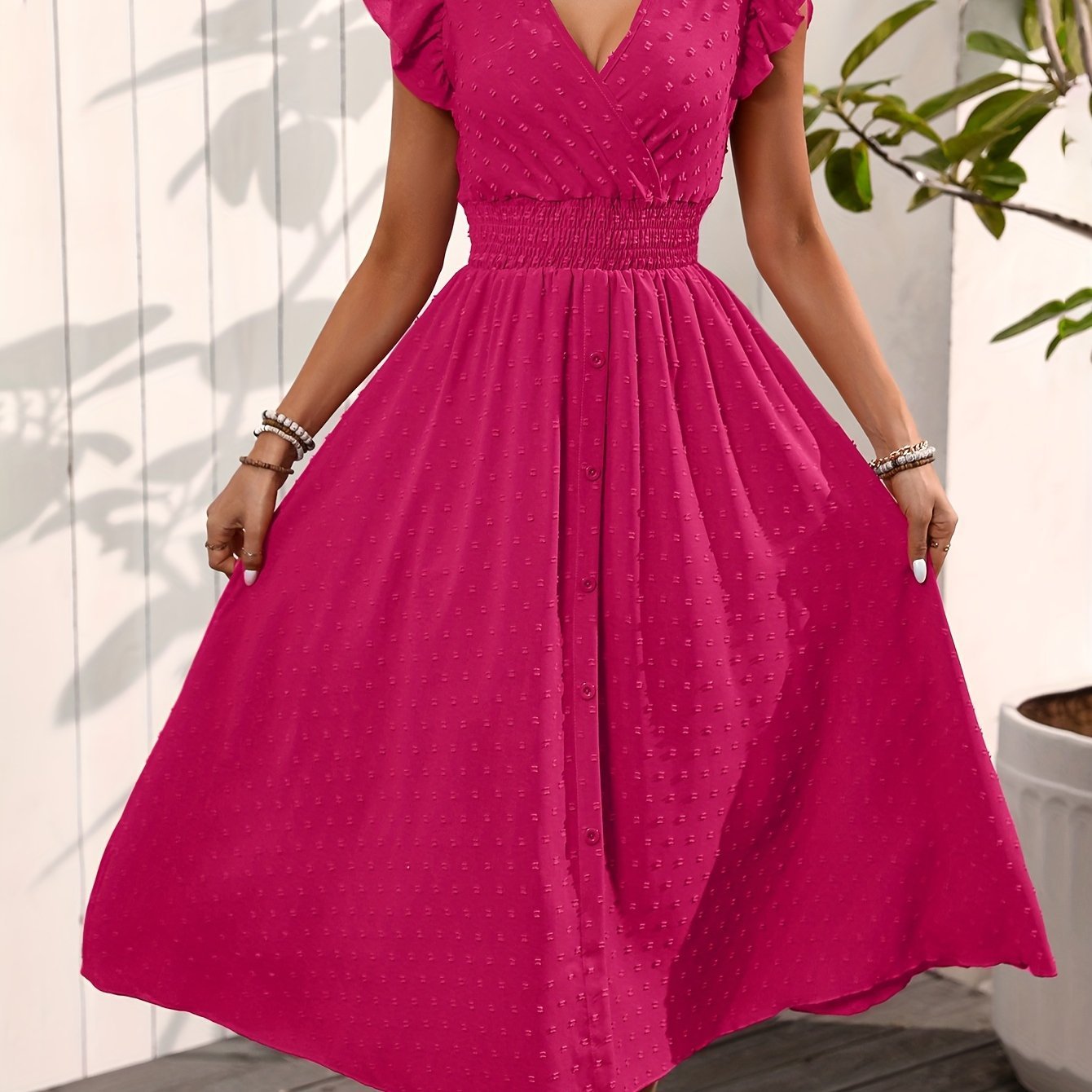 Women's Elegant V-Neck Maxi Dress – Summer Short Sleeve Dress with Ruffled Sleeves