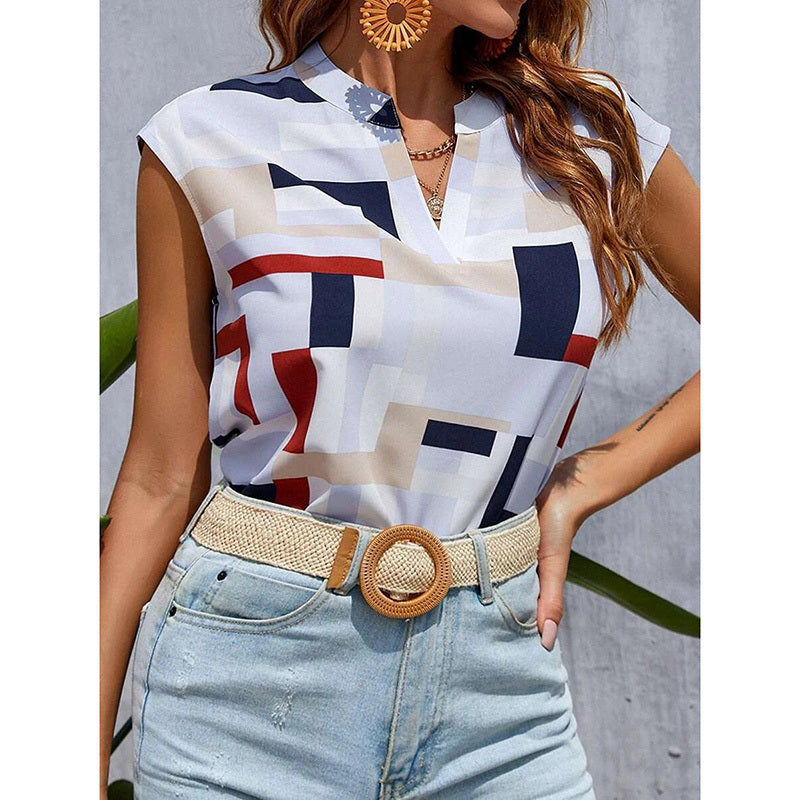Women's Geometric Print V-Neck T-Shirt – Dressy Casual Cap Sleeve Summer Top