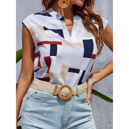 Women's Geometric Print V-Neck T-Shirt – Dressy Casual Cap Sleeve Summer Top