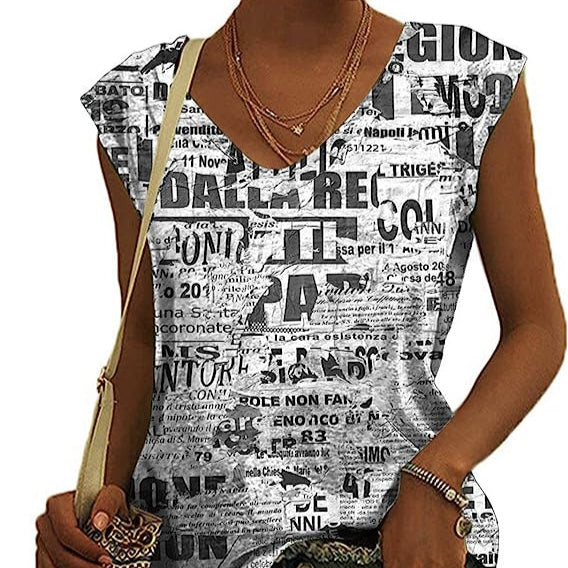 Women's Tribal Floral Print Hat Sleeve V-neck T-shirt