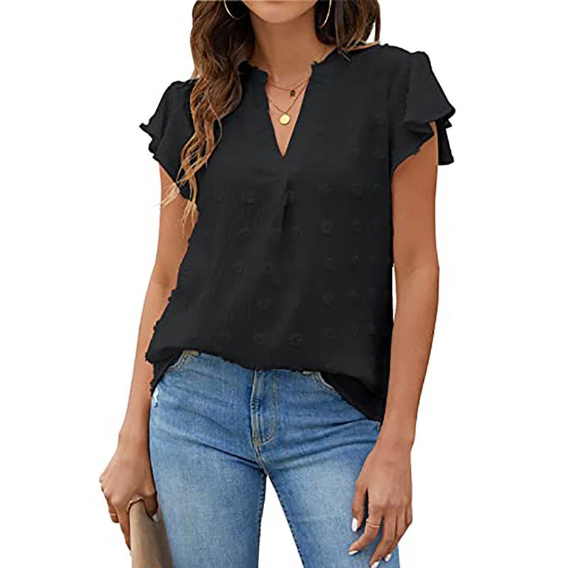 Women's Summer V-Neck Ruffle Short Sleeve Blouse – Business & Casual Office Top