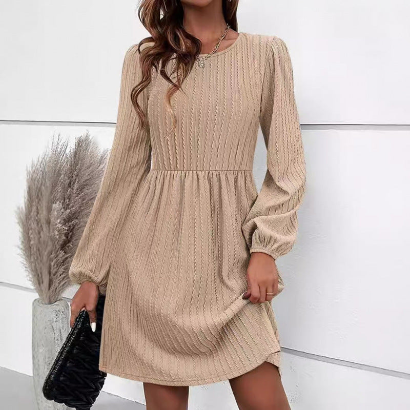 Women's Jacquard Knit Dress – Elegant Bubble Sleeve Long Sleeve Bodycon Dress