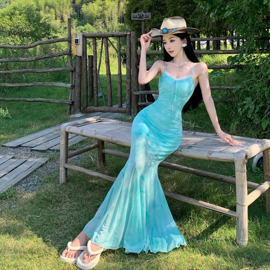 Women's French Style Mesh Splice Sling Dress – High-Grade Blooming Hot Girl Summer Outfit