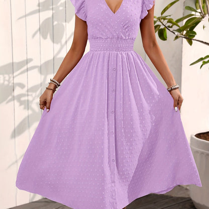 Women's Elegant V-Neck Maxi Dress – Summer Short Sleeve Dress with Ruffled Sleeves