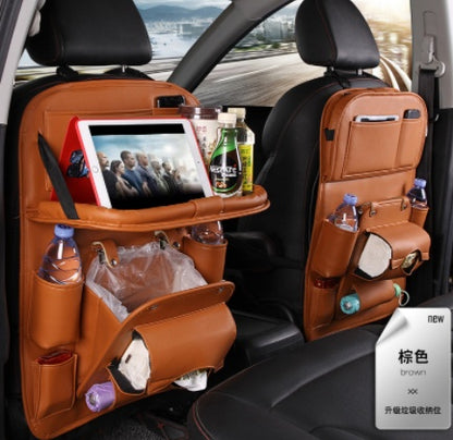 PU Leather Car Storage Bag – Multifunctional Waterproof Seat Back Organizer with Hanging Tray &amp; Built-in Trash Can