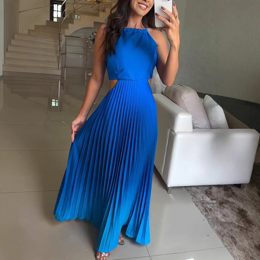 Women's Sleeveless Gradient Color Dress – European & American Style Backless Pleated Summer Maxi Dress