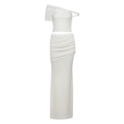 Women's Solid Color Slim-Fit One-Shoulder Long Dress Suit – Elegant Asymmetrical Evening Wear