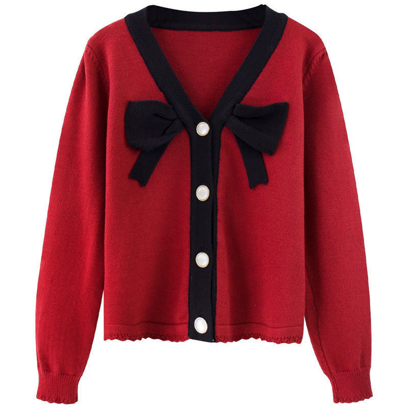 Women's Loose Contrast Color Bow Knit Cardigan Sweater – Single-Breasted Button Down